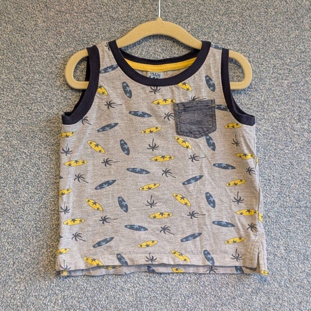 Little Lad Size 3T Surfboard Palm Tree Pocket Gray Blue Yellow Cotton Tank Top